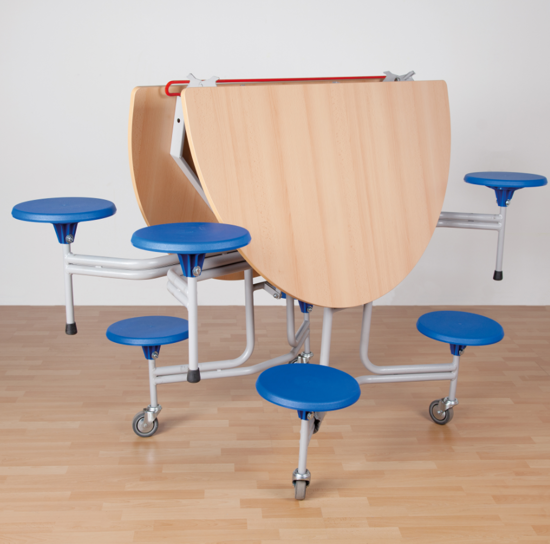 Afbeeldingen van Spaceflex 2.0 - ronde klaptafel - blad in volkern - 8 geïntegreerde stoelen - zithoogte 41 cm